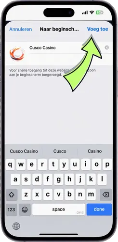 Bevestiging van Cusco Casino toevoegen aan het beginscherm op iPhone