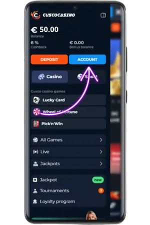 In het menu van Cusco Casino moet je naar het tabblad "Account" gaan.