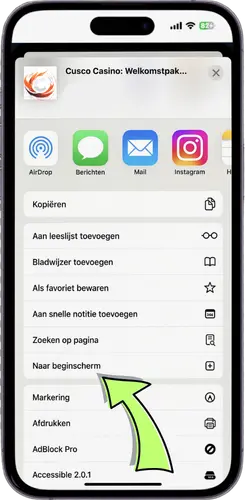Deelmenu van Safari met de optie Naar beginscherm voor Cusco Casino
