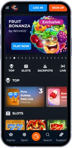 Beginscherm van de Cusco Casino app met topspellen, gokkasten en onderste navigatiebalk