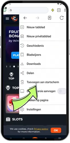 Browsermenu met de optie Toevoegen aan startscherm voor Cusco Casino