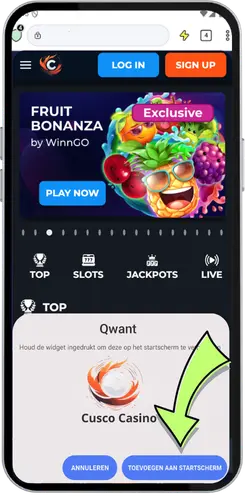 Bevestigingsvenster om Cusco Casino toe te voegen aan het startscherm