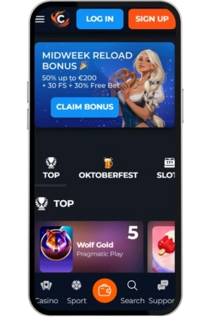 Startpagina van Cusco Casino op een smartphone met de knoppen om in te loggen of een account aan te maken.