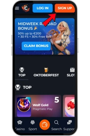 Een rode pijl wijst naar de oranje knop Sign up rechtsboven in de mobiele versie van het casino.