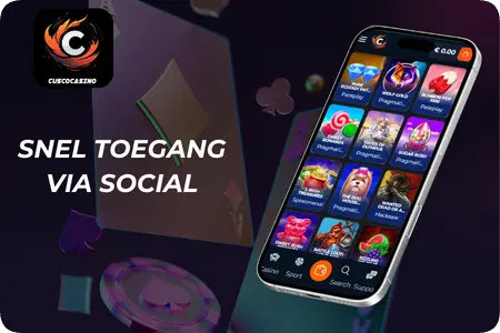 Logo van Cusco Casino naast een smartphone met de spellenlobby, als illustratie van aanmelden via een sociaal account.